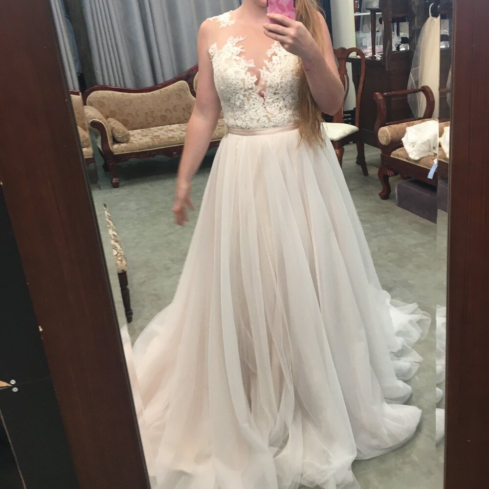 Lace  A-line Champagne Wedding Dress, Illusion Top, Nude/Ivory bottom, Plunging